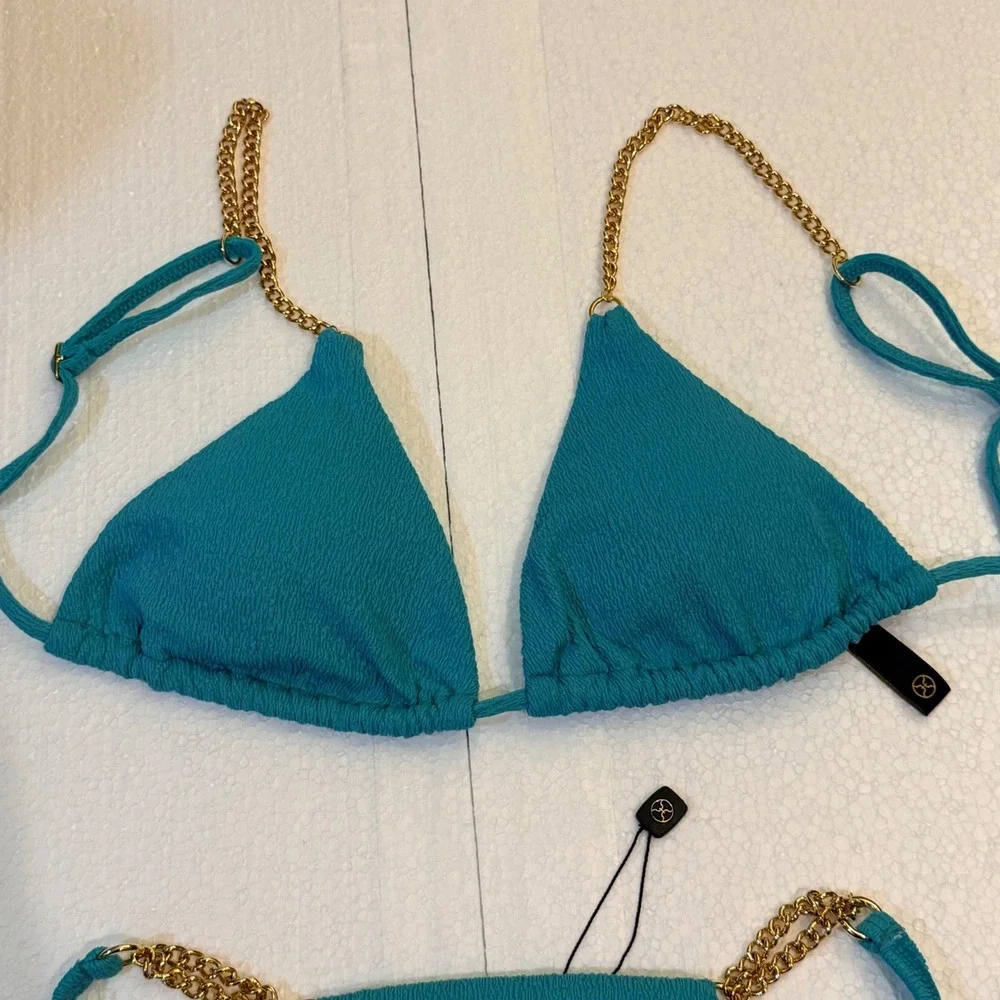 Vix Paula Hermanny Bikini Set S/XS Turquoise Gold Chain Textured Smocked Brazil